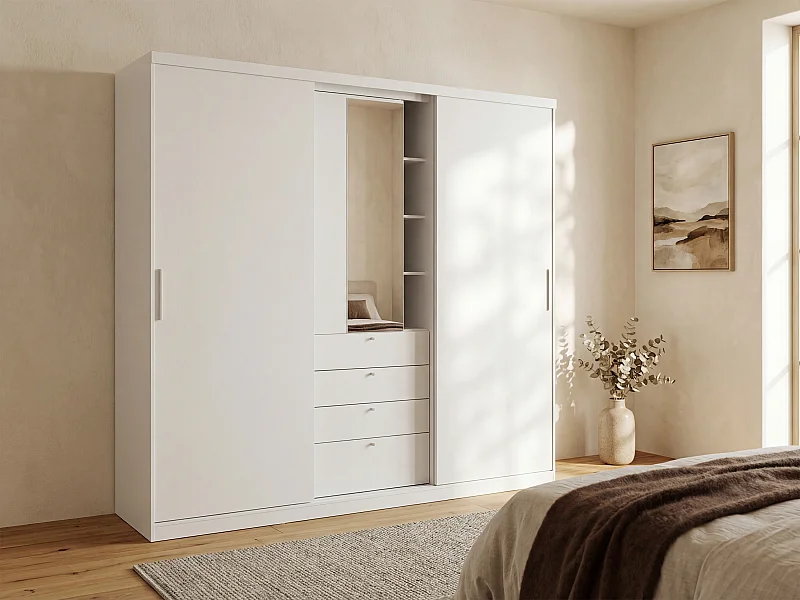 Armário com portas deslizantes espelho e gavetas C.240cm Branco - BODIL