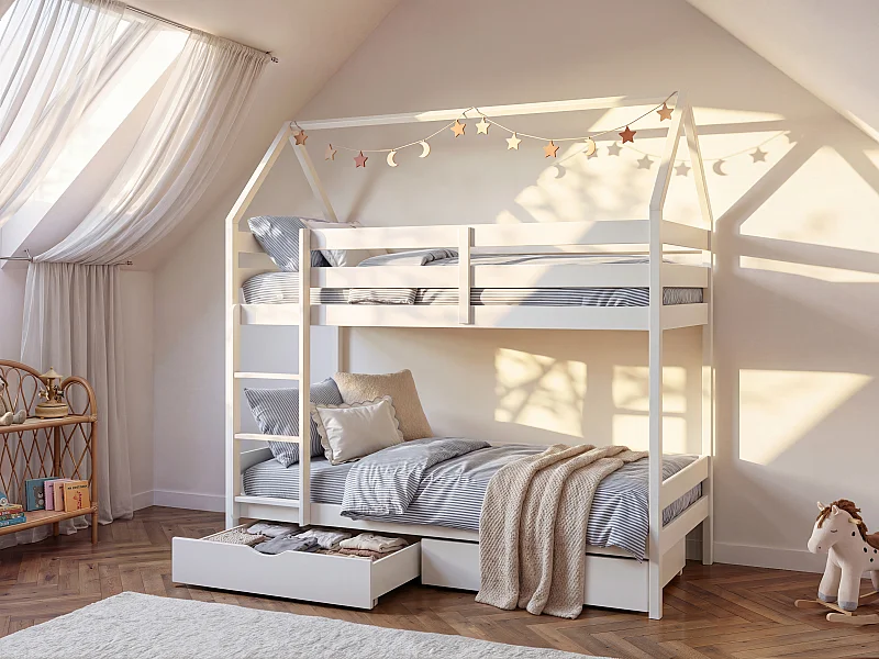 Beliche cabana de 2 x 90 x 190 cm com 2 gavetas em pinho cor branco - CHORI
