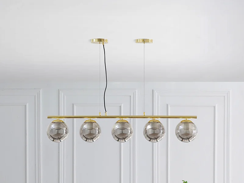 Lustre em metal e vidro fumado brilhante - 5 globos - C. 100 x A. 120 cm - Dourado - SOFIA