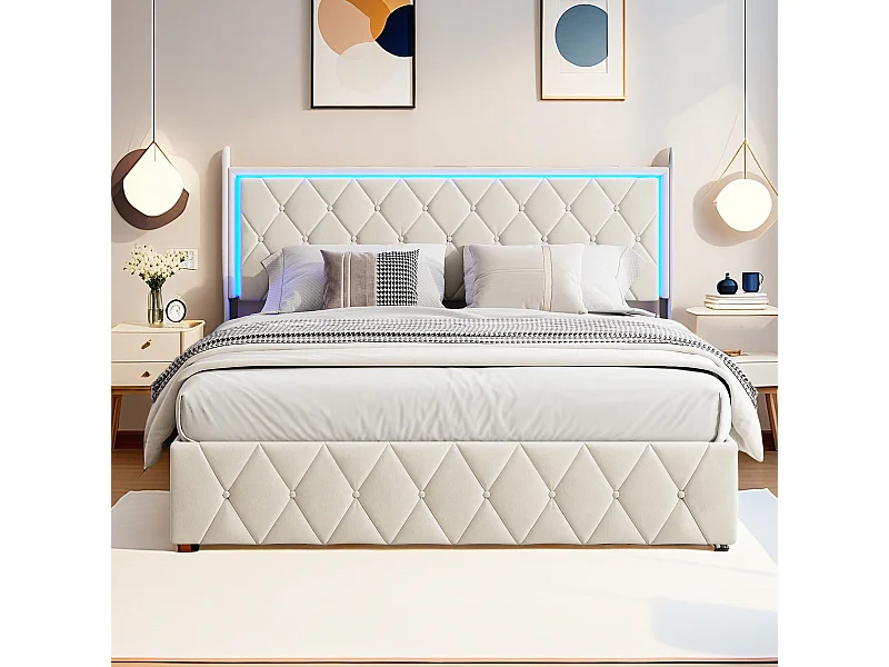 Cama de armazenamento duplo em veludo bege 140x190 cm com iluminação LED e carregamento USB - Adulto