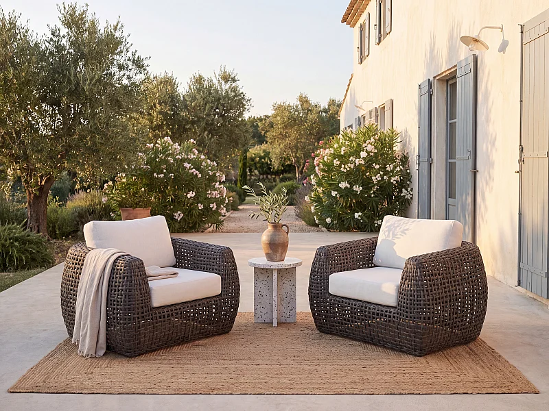 Conjunto de 2 poltronas de jardim em resina trançada - Antracite com almofadas brancas - VEYRO de MYLIA