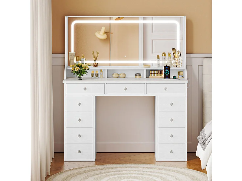 Penteadeira com grande espelho e iluminação LED, tomada de Corrente + USB, brilho ajustável, 11 Gavetas, Branco, 110x40x135cm