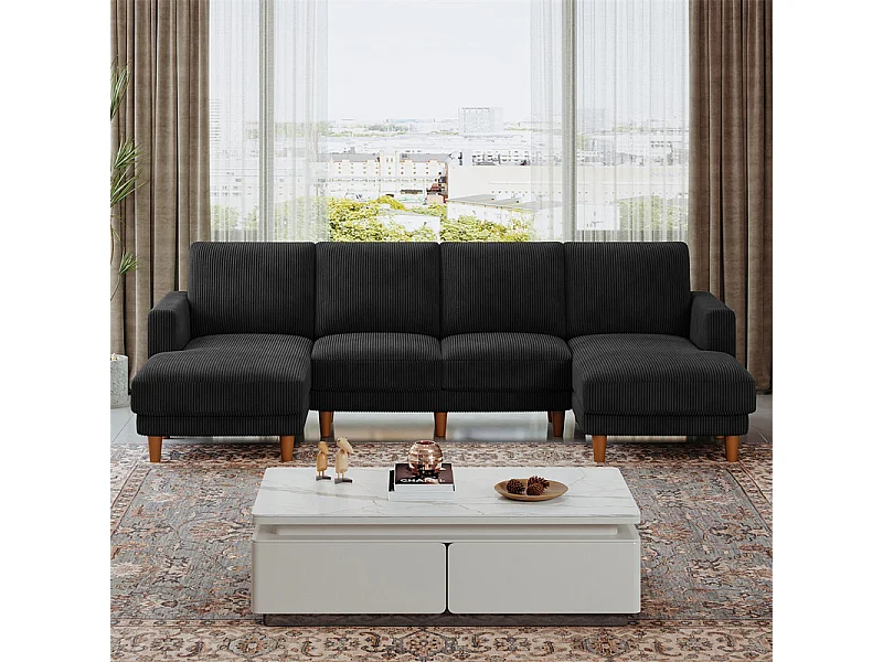 Grande sofá de canto panorâmico - 4 lugares - chaise longue 109cm - de veludo cotelê - 269x140x86 - Preto