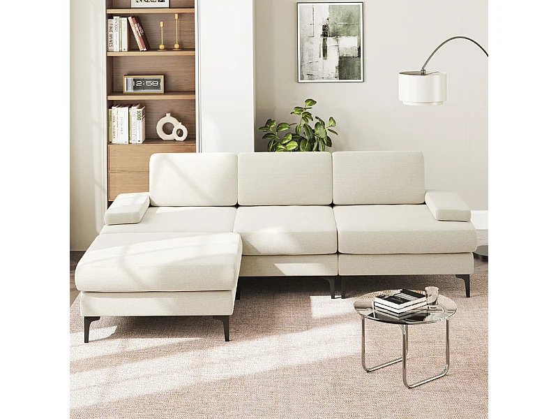 Sofá de Canto 3 Lugares em Chenille - com Ottomana - Carga Máx. 650kg - 244x146x83cm - Bege