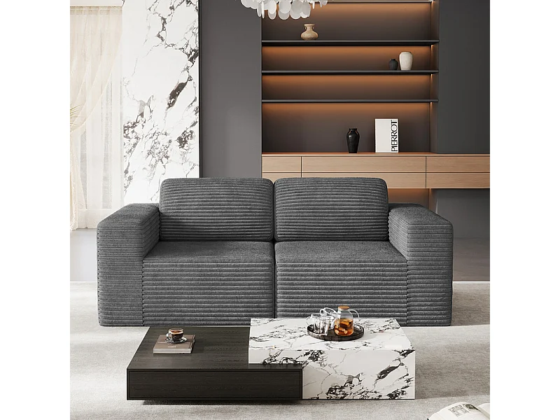 Sofá Modular 2 lugares em Veludo Cotelê, com 2 almofadas, 202x101x82cm, Cinza