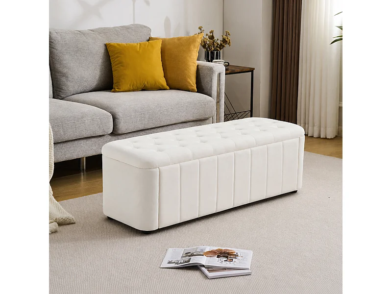 Banco para o pé da cama em veludo bege com baú (132x47,5x44 cm)