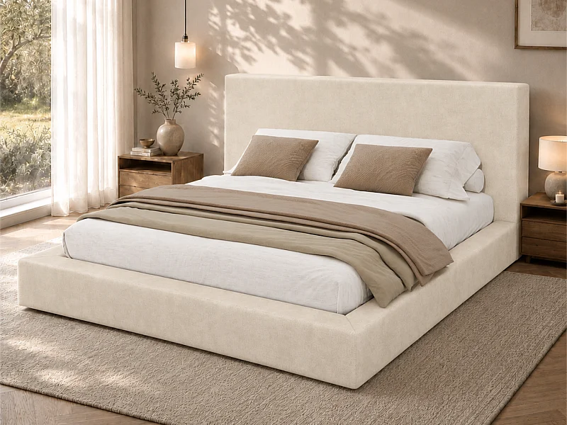 Cama de casal acolchoada 180 x 200 cm - com cabeceira acolchoada e estrado de ripas - Tecido chenille - Bege (colchão não incluso)