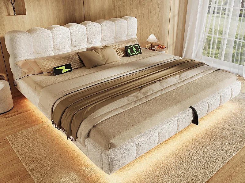 Baú cama estofado 180x200cm - com luz LED e porta USB - design flutuante - tecido chenille - Bege (sem colchão)