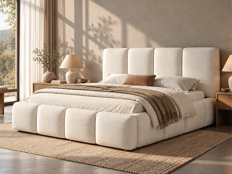 Cama Estofada com Arrumação 180 x 200 cm - com Estrado de Ripas - Tecido Bouclé - Branco (Colchão não incluído)